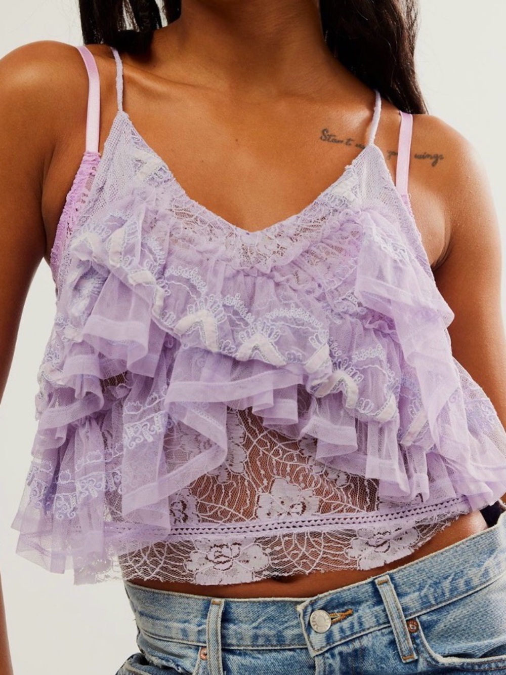 NWOT Free People In The Clouds Lace Ruffle Crop Tank Top Sz Large